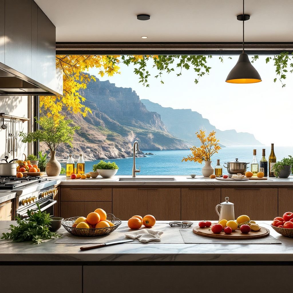 Vista panorámica de una cocina profesional moderna con el mar de Tenerife de fondo