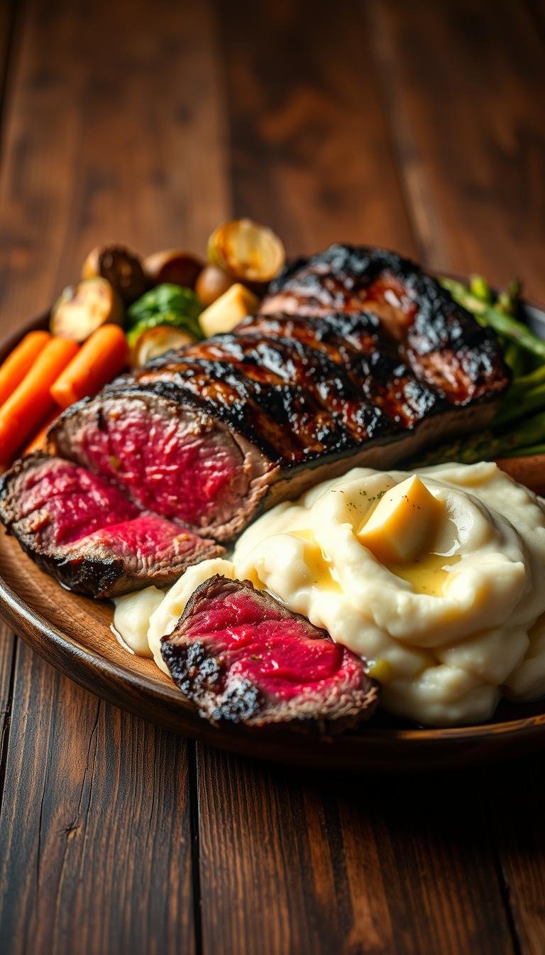 Roast-beef con puré de patata y verduras